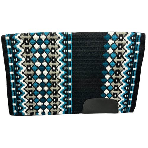 Diamond pattern in black, white, gray, soft turquoise and vibrant spruce saddle pad